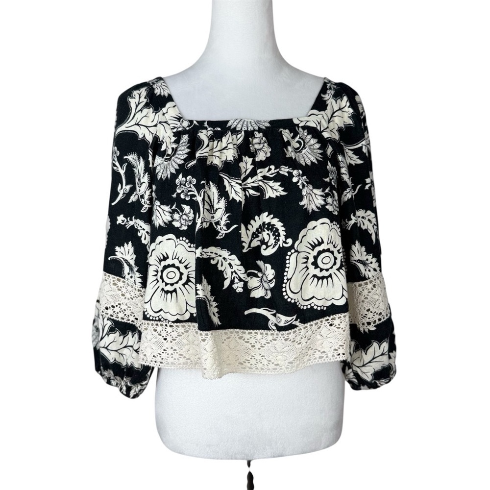 Calligraphie Women's‎ Black and White Floral 3/4 Sleeve Boxy Blouse Size S